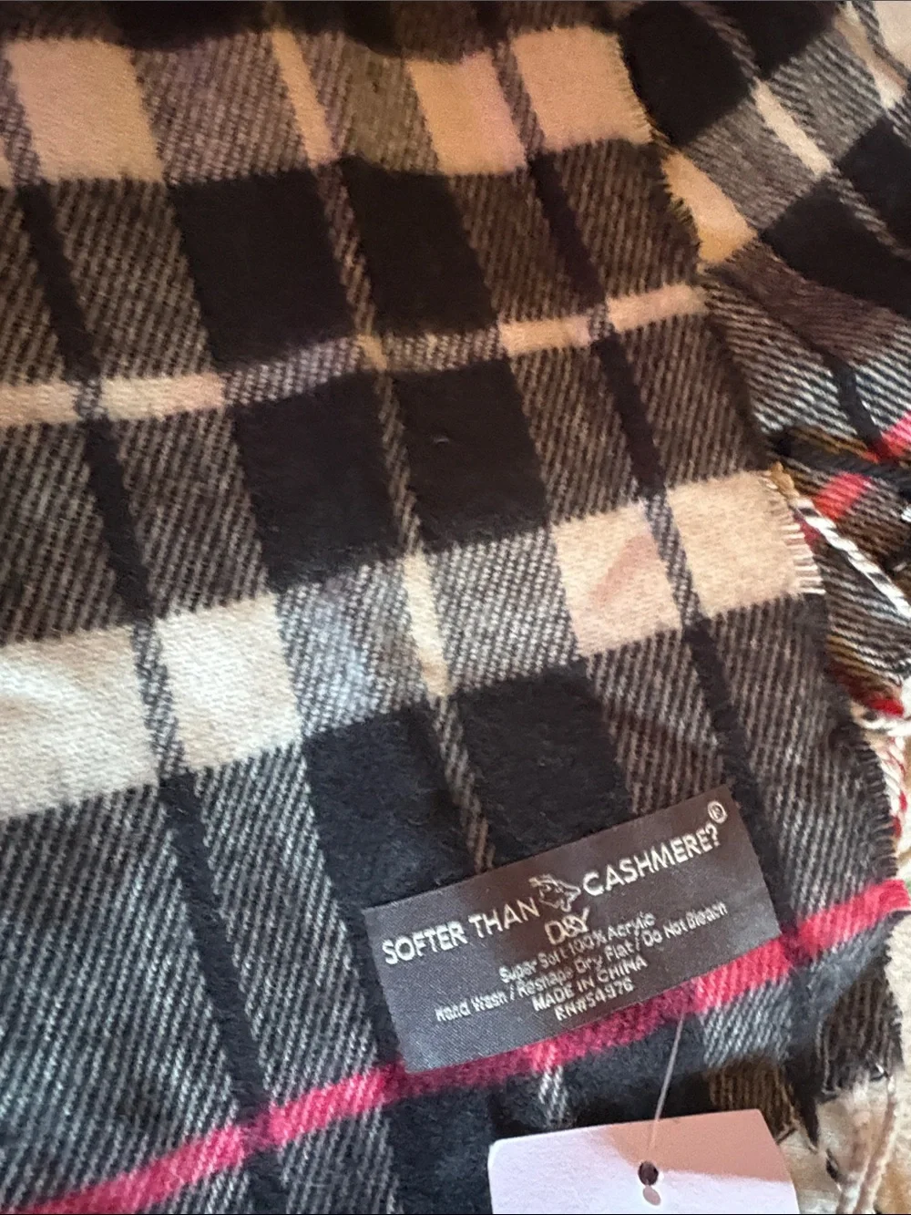 D&Y Black White Plaid Fringe Scarf with Red Accents